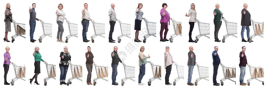 一组被描述的人 用篮子显示拇指向上购物店铺商业男人情绪营销成就女士购物狂销售图片