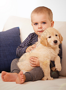 依偎在他的心里 一个可爱的小男孩和他的小狗在家图片