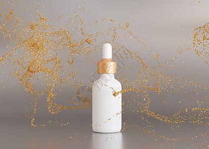 空白的 无品牌的化妆品血清瓶 带有飞舞的小金色闪光 颗粒 护肤品介绍 小样 滴瓶 透明质酸 油 带复制空间的血清 3D 渲染销售图片