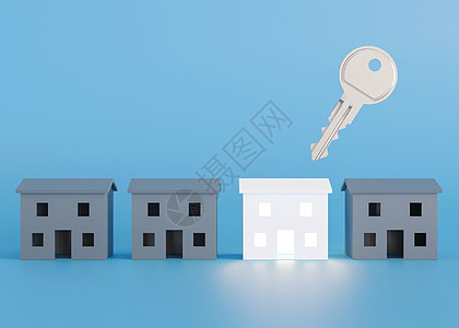 蓝色背景上的房子和钥匙 买房子 新物业 抵押贷款和房地产投资的概念 待售房屋 复制文本或徽标的空间 现代布局 3d 渲染图片