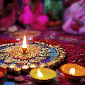 在庆祝diwali时在彩色兰果里点燃石油灯的插图假期宗教庆典文化节日图片