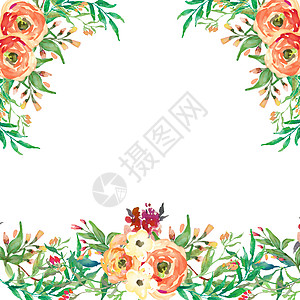 水彩花卉背景框架 婚礼请柬 鲜花 花瓣和带绿叶的花束 异国情调的热带植物 图形图片