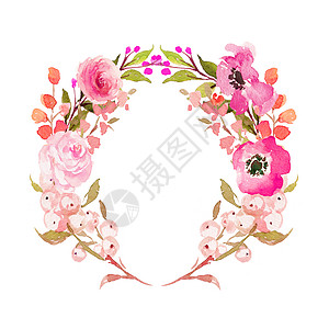 小清新粉色水彩水彩花框 有花朵 叶子和树枝的水彩花圈明信片插图邀请函花园花束花瓣婚礼艺术绘画卡片背景