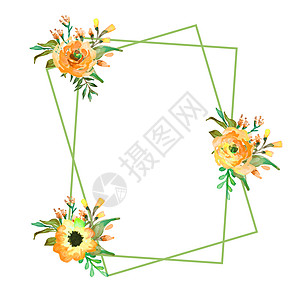 带野花的水彩花框 手绘模板 非常适合婚礼或生日请柬植物群叶子花束卡片邀请函季节边界植物羽毛绘画图片