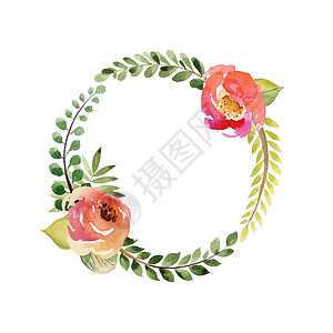 花环 一束花叶 用水彩色风格的插图 浪漫设计 (笑声)图片