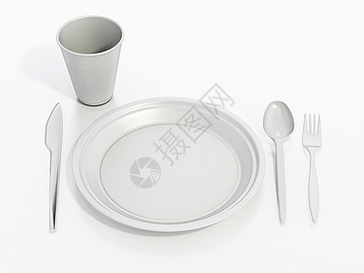在白色背景上隔离的一套塑料软件 3D 插图盘子厨房生态工具商品配饰用具餐具杯子刀具图片