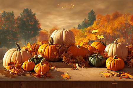 秋天背景 南瓜 餐具和金叶图片