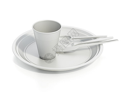 在白色背景上隔离的一套塑料软件 3D 插图餐具炊具午餐派对厨房食物餐饮早餐产品用具图片