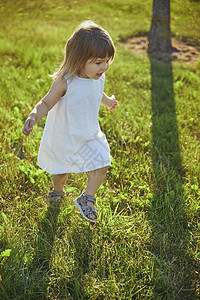 在草坪上行走 穿着单身衣服的迷人孩子日落欢乐女孩乐趣草地婴儿保姆阴影金发乡村图片