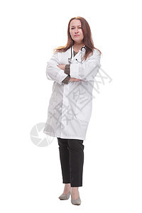 白皮下孤立的听诊器女医生成熟后 以白色背景隔离图片
