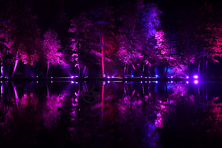 在比利时一个城市湖的一个公园里 露着明亮的夜光表演展示派对灯笼辉光霓虹灯异国照明紫外线灯光水泥图片