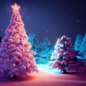 森林里的圣诞树魔法气球场景强光旅行传统假期聚光灯星星天空图片