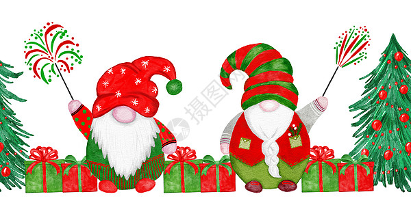 手画了无缝的横向边界 上面有红绿烟花中的水彩圣诞小矮人 斯堪的纳维亚诺迪斯季节装饰 明亮的冬季快乐卡邀请函图片