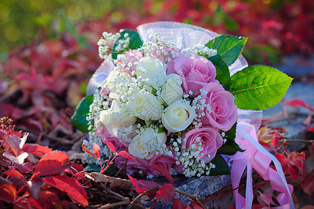 新娘婚礼花团 盛满金环的花束 在草地上躺着粉红和白玫瑰的婚礼花束婚姻喜悦树叶庆典假期植物群场地紫色花园植物图片