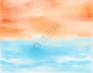海洋橙色天空日落 蓝色海在水彩中反射海浪插图海岸橙子旅行海滩太阳墙纸波浪图片