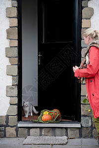 一个穿红色斗篷的中年妇女 连着橙南瓜的红袍打开大门网兜素食主义者感激国家橙子小猫感恩乡村宠物季节图片
