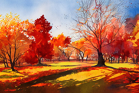 含有抽象红树和秋草的秋季风景图片