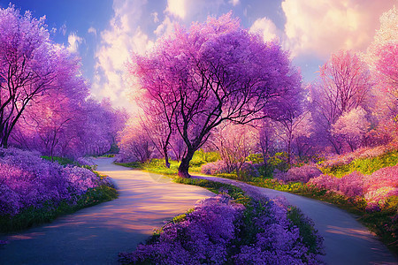 幻想背景 有道路的魔法林 美丽的春天风景 利拉树图片