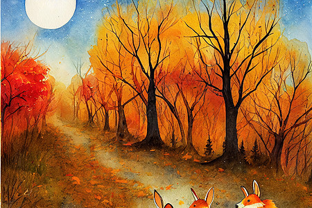 水彩秋季插图 明信片有趣的人物狐狸和兔子图片