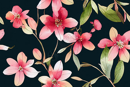 无缝水彩花纹粉红褐色鲜花元素花束蝴蝶纺织品绿色植物叶子插图框架手绘树叶花园图片