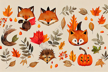 林地动物和落花类成分 狐狸 刺绣猪 松鼠背景图片