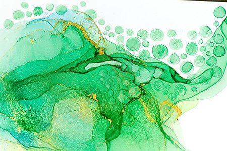 海洋泡沫摘要印刷品 含金光亮水色绿色和蓝色质地水彩金子圆圈艺术大理石墙纸墨水圆形艺术品图片