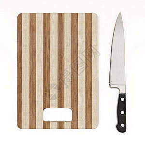 在白色背景上隔离的木制切板和刀 3D 插图硬木用具金属工具3d厨具厨师餐厅屠夫木头图片