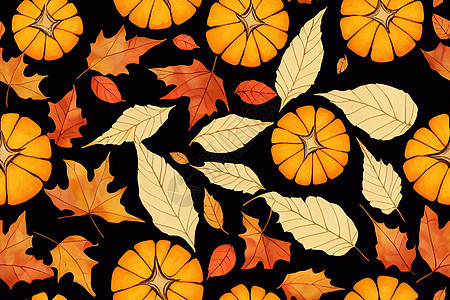 秋天秋天 南瓜在奶油背景上 无缝无缝坠落水彩收成橙子感恩打印季节印花邀请函树叶纺织品图片