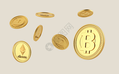 比特币 Dogecoin和Eceenum硬币在清晰的背景下飞翔图片