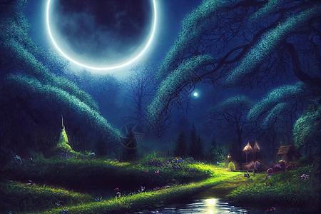 幻想的神奇魔法仙女童话故事风景与森林湖星星月亮月光故事玫瑰世界场景童话想像力林地图片