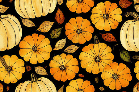 秋天秋天 南瓜在奶油背景上 无缝无缝坠落印花季节水彩收成织物墙纸叶子植物包装纸橙子图片