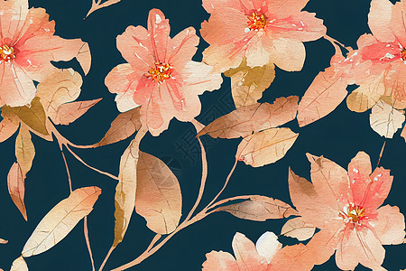 水彩花图案无缝水彩花 粉红色花朵 金色元素背景