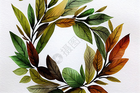 绿叶和棕叶花圈水彩色 供装饰图片