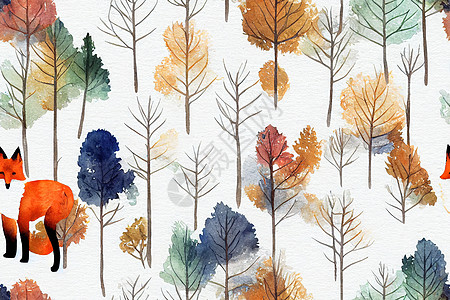水彩森林 可爱的无缝模式 秋天的福克斯图片