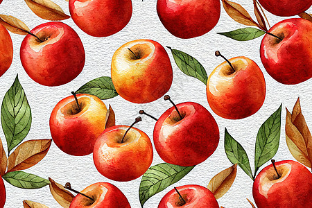 水彩色无缝的秋天图案 红苹果 浆果 叶子 花朵图片