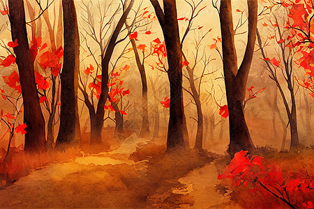 秋天森林中的狐狸 在落叶的树叶中橡子绘画榆树橡木昆虫林地灌木丛公园插图荒野图片