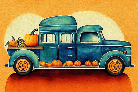 Autumn收获卡车 感恩安排 Pick Up汽车 Vintage汽车农业绿色植物旅行运输橙子向日葵农家花园手绘图片