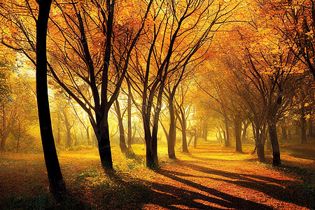 公园小巷林的秋树 阳光明媚图片