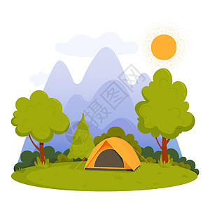 夏日露营 阳光明媚的白天风景 还有帐篷 山地 森林和太阳图片