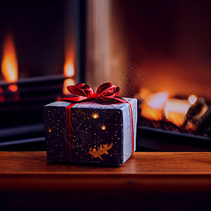 圣诞礼物和树木美丽的新年和圣诞礼物 在壁炉旁边的桌子上地面假期盒子装饰品礼物推介会松树房间风格菠萝背景