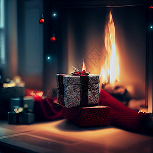 圣诞礼物和树木美丽的新年和圣诞礼物 在壁炉旁边的桌子上网上购物女士展示菠萝季节推介会装饰品装饰药片强光背景