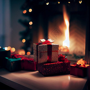 美丽的新年和圣诞礼物 在壁炉旁边的桌子上盒子网上购物药片金子房间假期松树女士季节树木图片