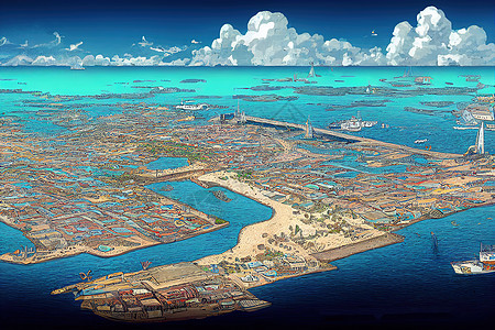 城市漫画绘制克拉伦迪克首府城市和博内尔港的漫画背景