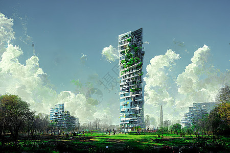 显眼的数字艺术3D说明生态未来城市的树木丰富多彩藤蔓天际天空环境摩天大楼建筑景观治理商业植物图片
