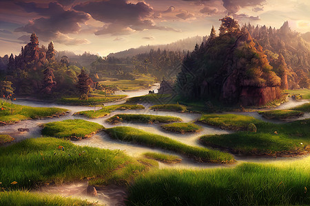 幻想土地 草地和山丘 河流和树木蓝色魔法天堂太阳爬坡晴天森林秘密绿洲游戏图片