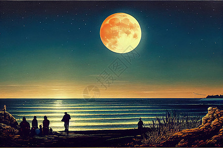 在海上满月的浪漫和风景般的美景图片