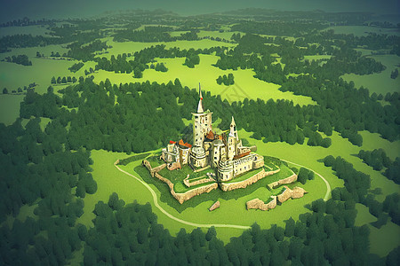 山上古老的童话城堡 空中视线3D天空王子爬坡魔法渲染石头艺术故事建筑学花园图片