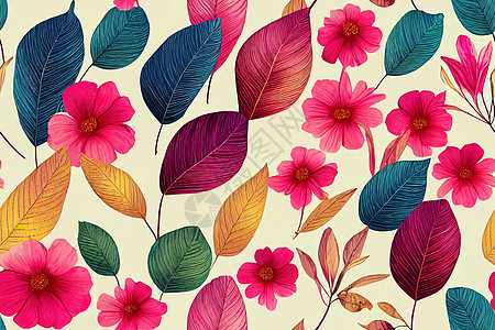 无缝 多彩的花卉形态 用叶子和树叶做植物图解花园艺术织物插图纺织品热带打印丛林墙纸棕榈图片