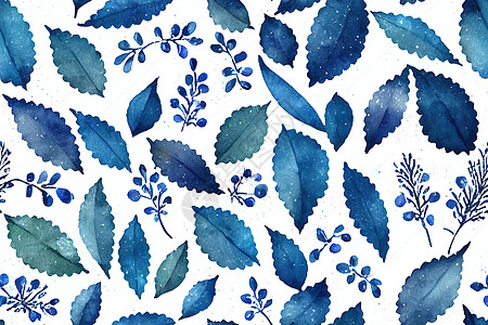 手绘植物无冬缝无缝模式 水彩蓝叶和小背景