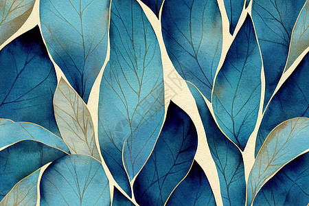 蓝叶纹理图案 水色花层背景 无缝模式可能是蓝色墙纸墨水植物白色装饰品艺术包装插图织物图片
